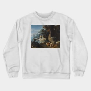 Ducks, Guinea Pigs and a Rabbit in a Wooded Landscape Beside a Lake by David de Coninck Crewneck Sweatshirt